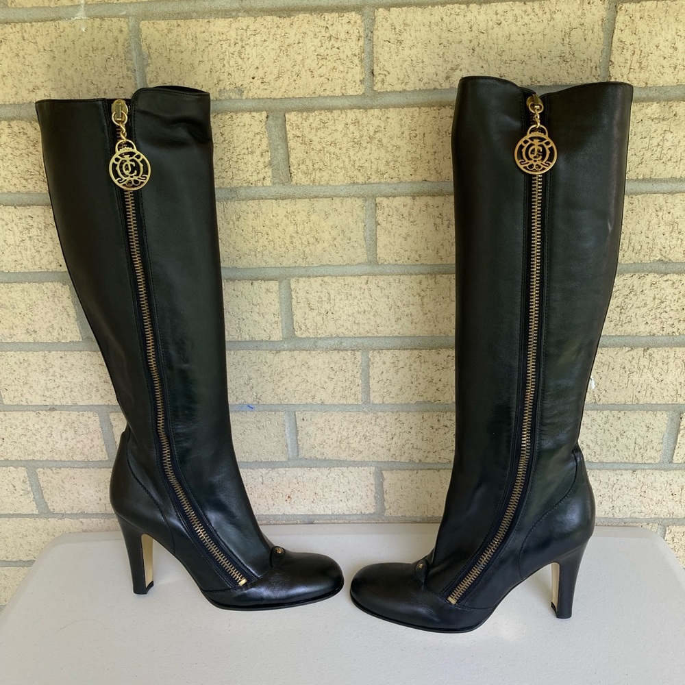 Vintage Y2K Juicy Couture Tall Black Leather Boots Full Zipper Gold Logo Charm